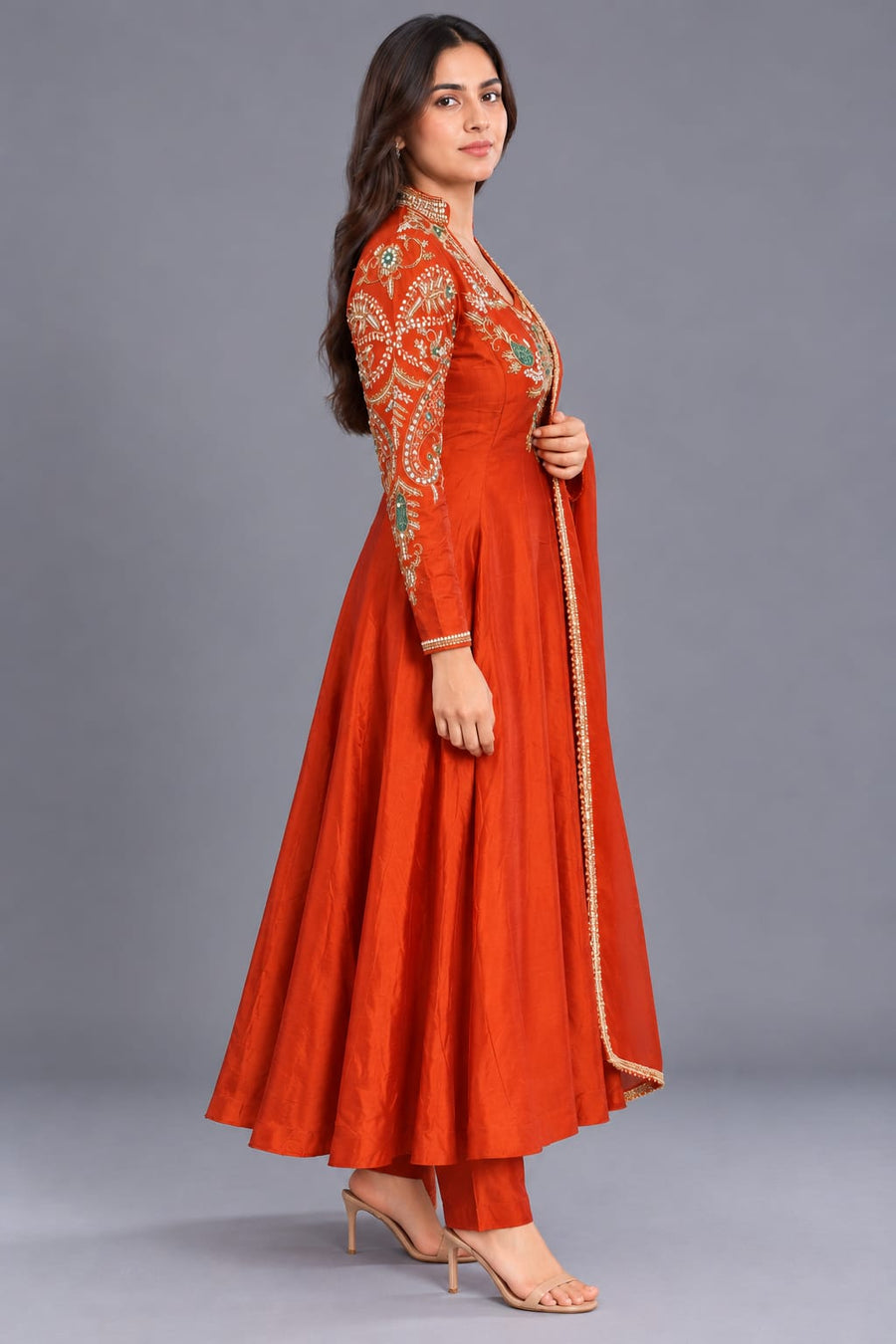 Rust Orange Embroidered Anarkali Suit with Dupatta and Pants