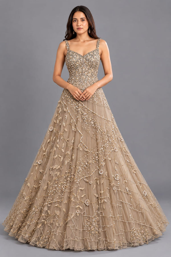 Antique Gold Floral Embellished Net Gown with Flared Silhouette