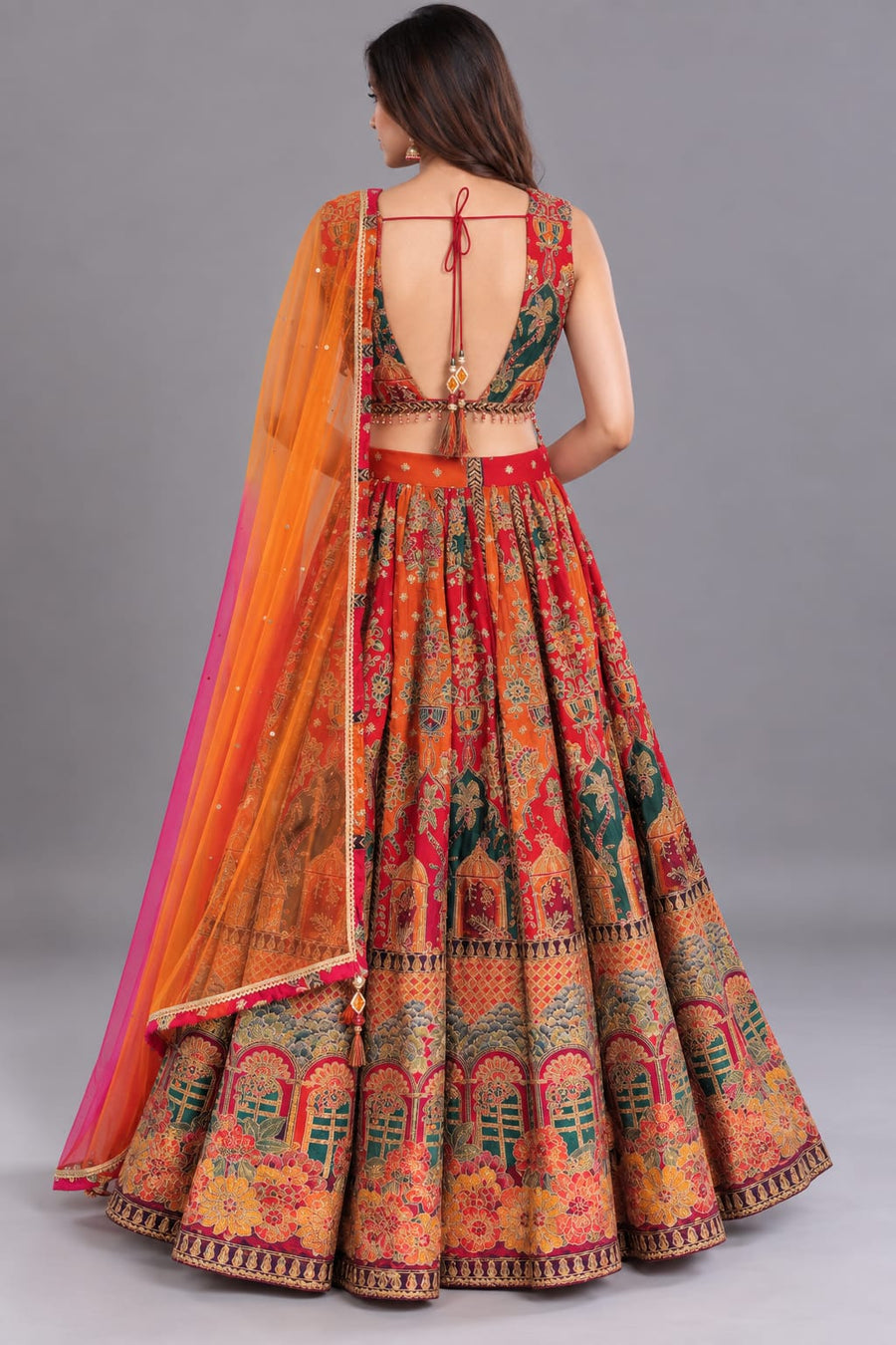 Multicolour Floral Print Lehenga with Tassel Detailing & Orange-Pink Dupatta