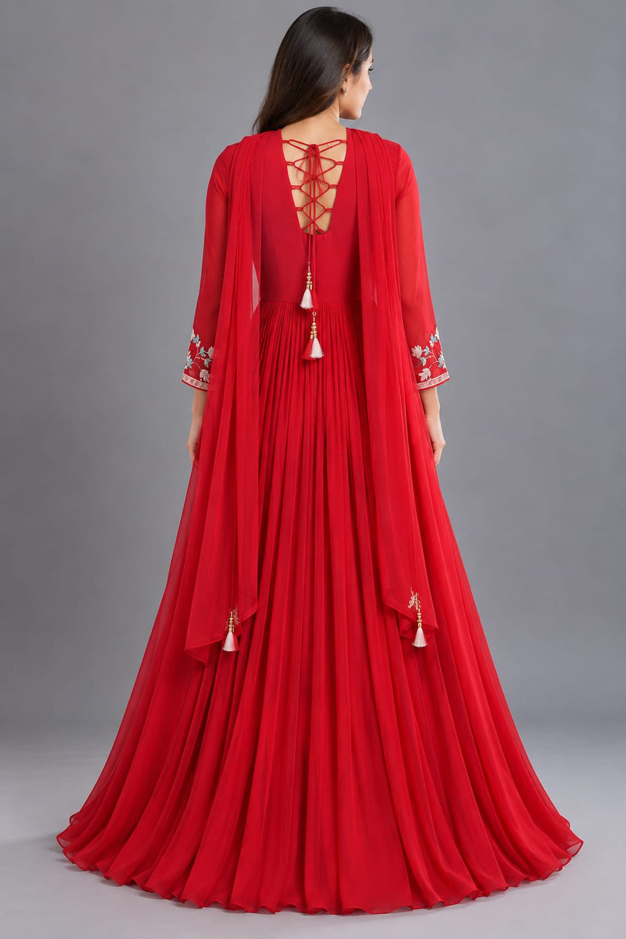 Red Embroidered Anarkali Gown with Dupatta for Women Festive Wear