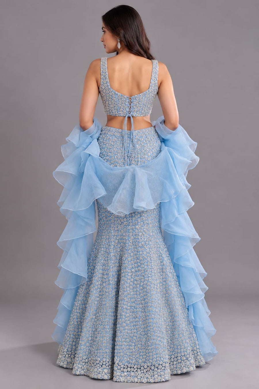 Sky Blue Fishcut Lehenga with Sequin Work & Ruffle Dupatta