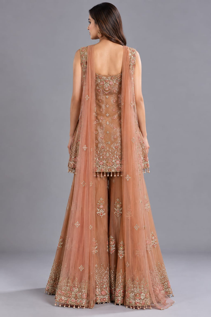 Peach Embroidered Sharara Suit with Dupatta for Wedding Functions