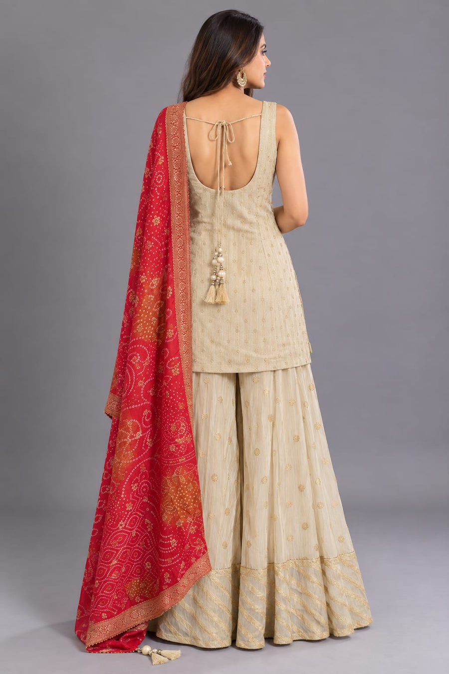 Ivory Embroidered Sharara Suit with Red Dupatta for Wedding Wear