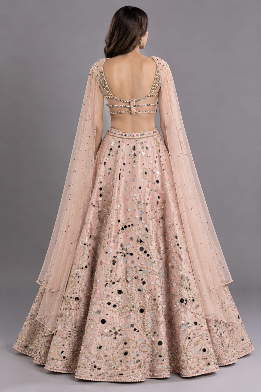Blush Pink Mirror Work Lehenga with Embroidered Blouse and Dupatta