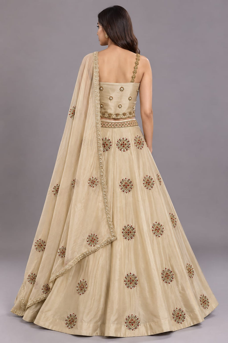 Champagne Gold Embellished Designer Lehenga with Red Stone Work