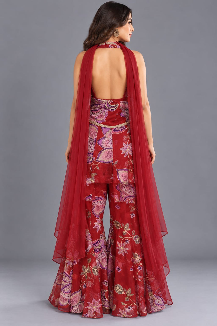 Floral Peplum Sharara Set with Choker Dupatta for Wedding Functions