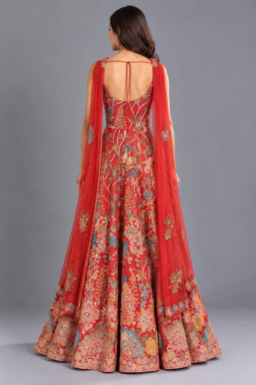 Red Floral Embroidered Anarkali Gown with Dupatta for Women