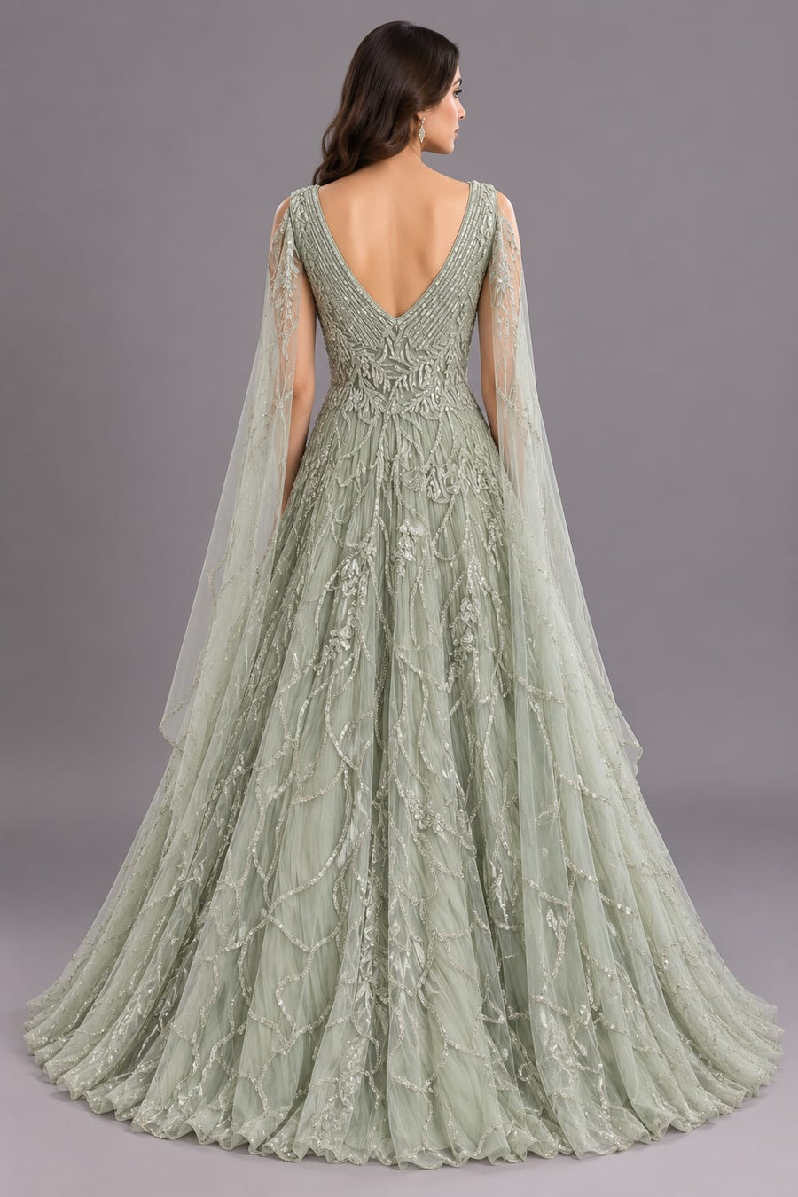 Pista Green Embroidered Flared Gown with V-Neck and Cape Sleeves