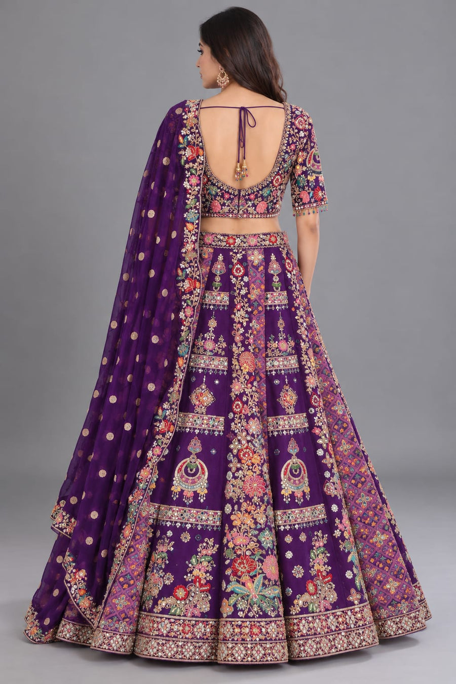 Purple Embroidered Lehenga with Floral Work and Matching Dupatta