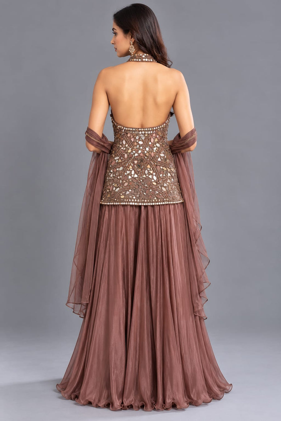 Brown Mirror Work Peplum Palazzo Set with Choker Dupatta for Women