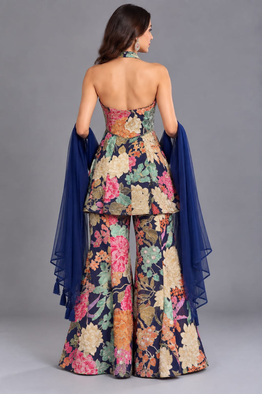 Floral Sharara Set with Halter Peplum & Dupatta for Women