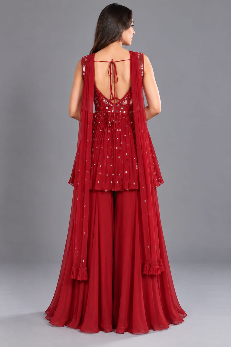Red Mirror Work Peplum Sharara Set with Choker Dupatta for Women