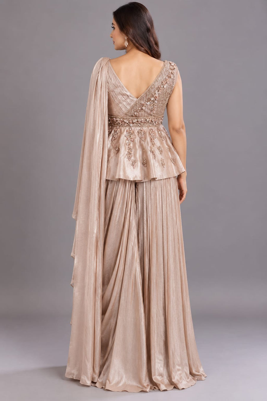 Champagne Embellished Peplum Drape Gown for Women Party Wear