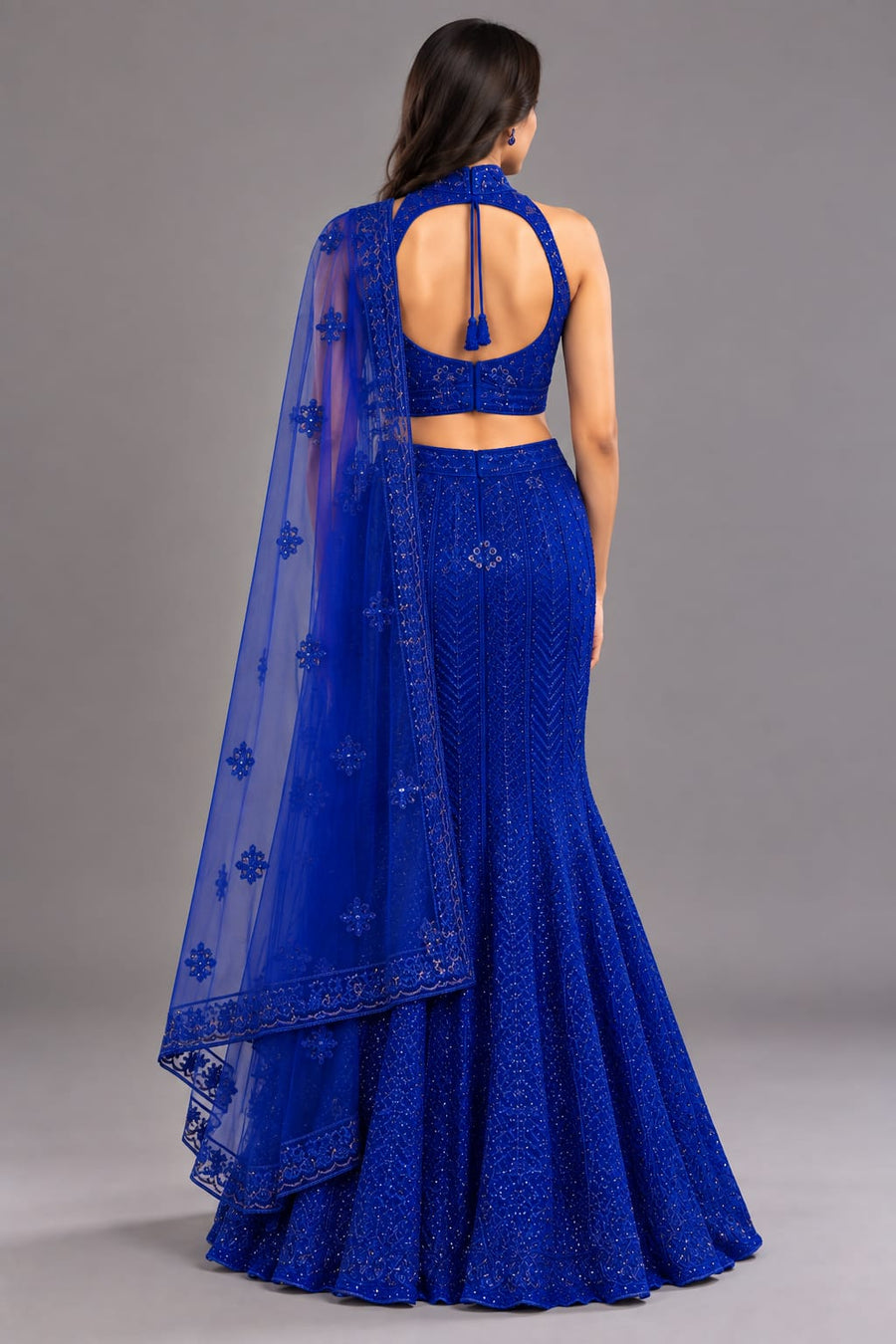 Royal Blue Sequin Fishcut Lehenga with Drape for Engagement Wear Style