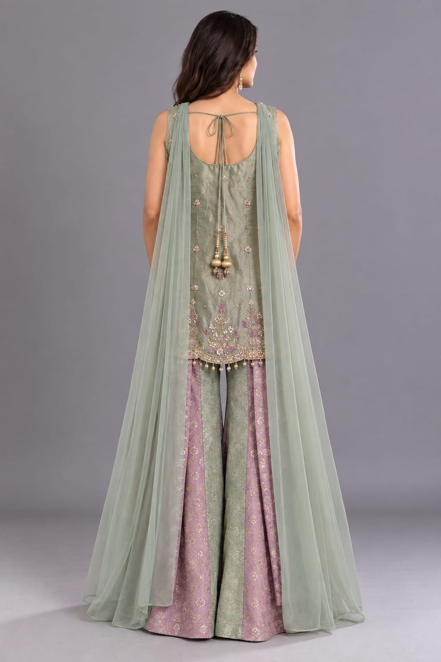 Sage Green & Lavender Embroidered Palazzo Suit with Dupatta