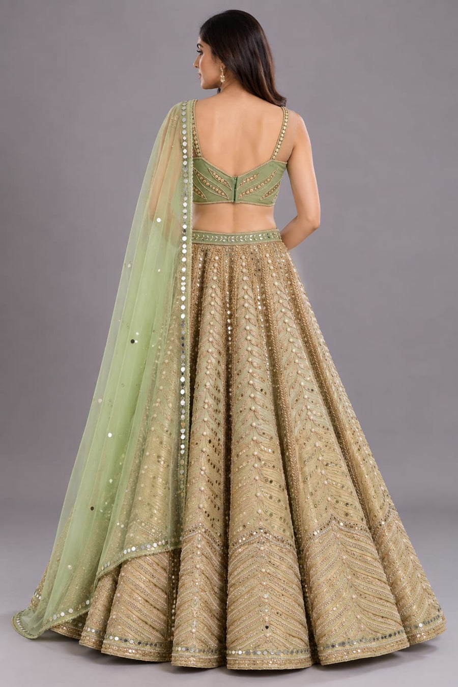 Pastel Green & Gold Mirror Work Lehenga with Pearl Detailing