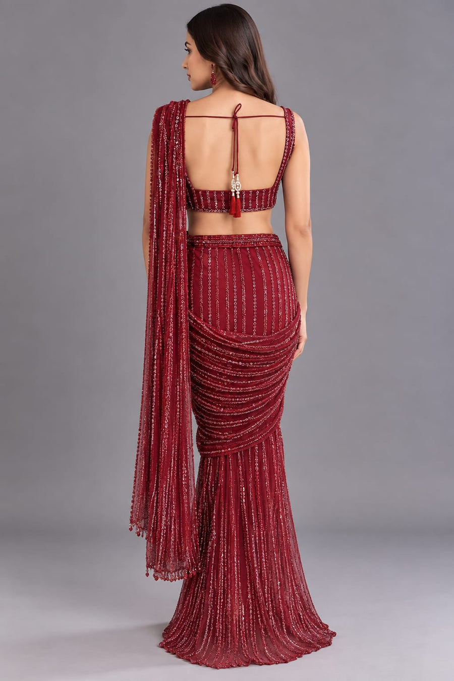 Wine Red Sequin Embellished Drape Saree with Designer Blouse