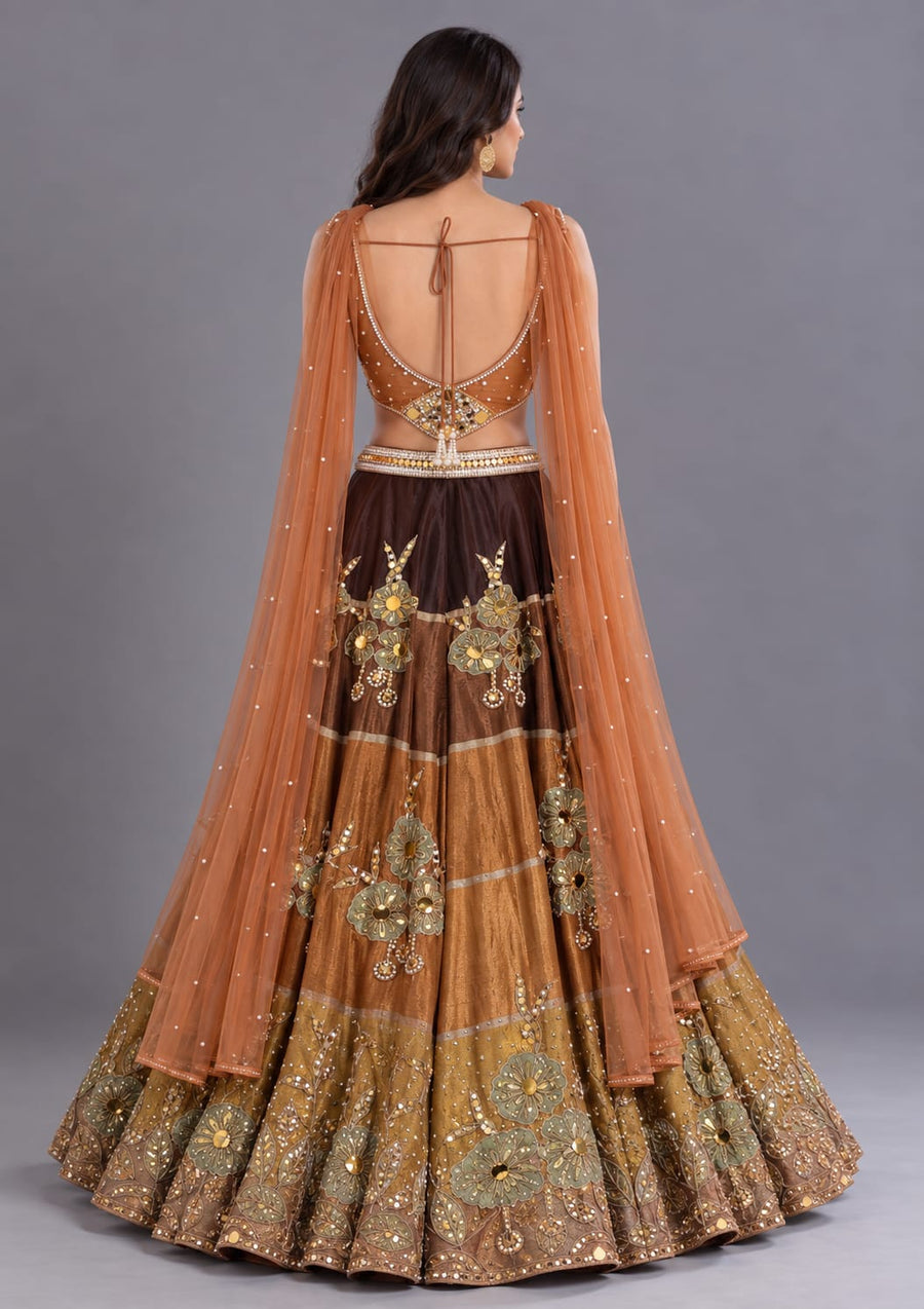 Brown Mirror Work Lehenga with Corset Blouse for Women | Vastrachowk