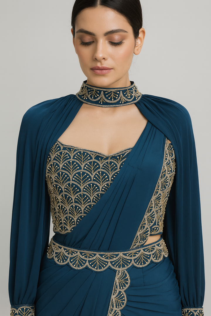 Balloon Sleeves Drape Saree close profile