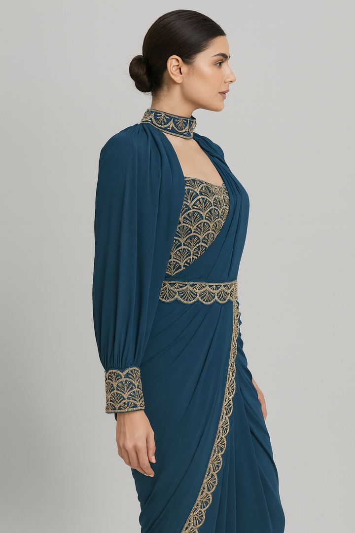 Balloon Sleeves Drape Saree side profile
