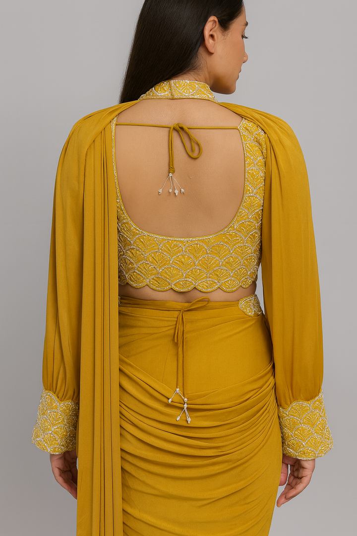 Balloon Sleeves yellow Drape Saree