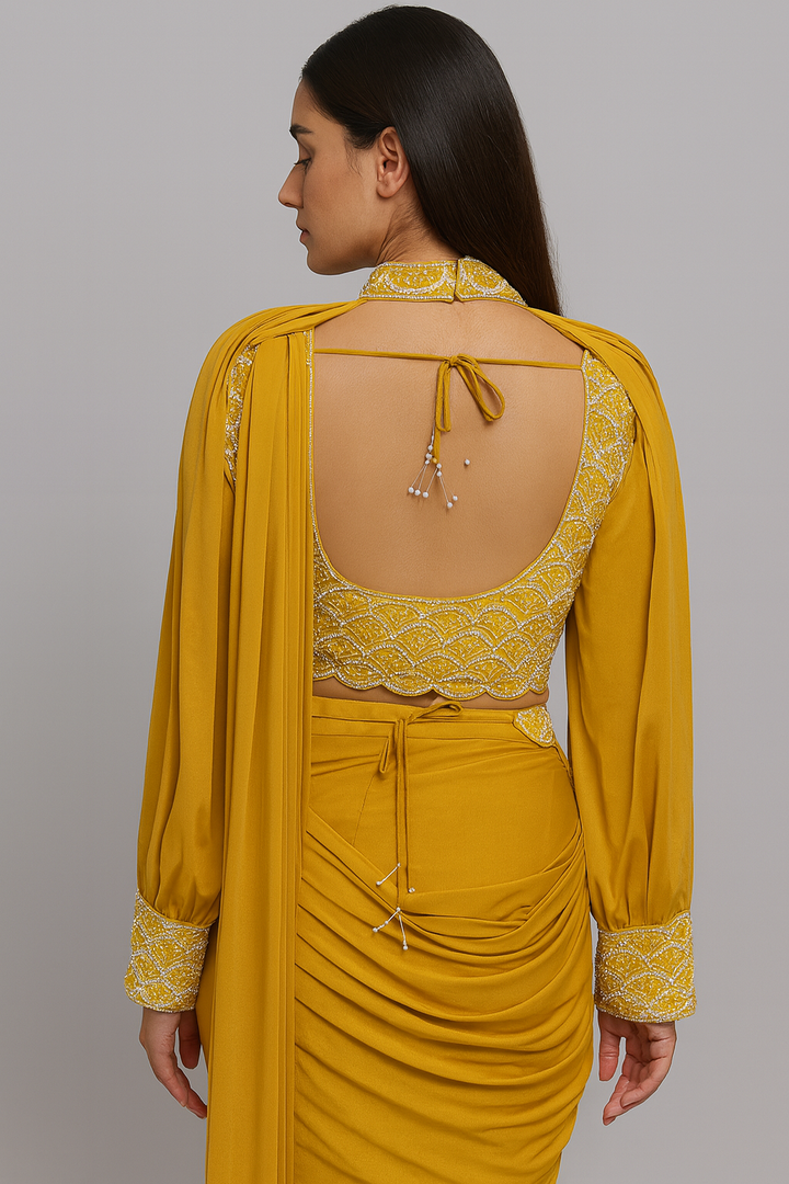 Balloon Sleeves yellow Drape Saree back profile