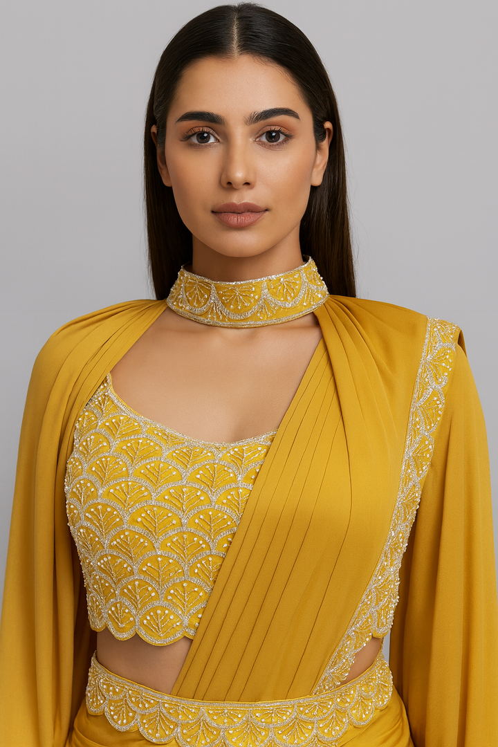 Balloon Sleeves yellow Drape Saree close profile