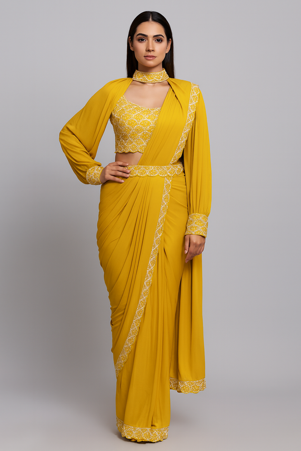 Balloon Sleeves yellow Drape Saree