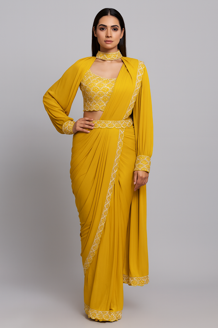 Balloon Sleeves yellow Drape Saree