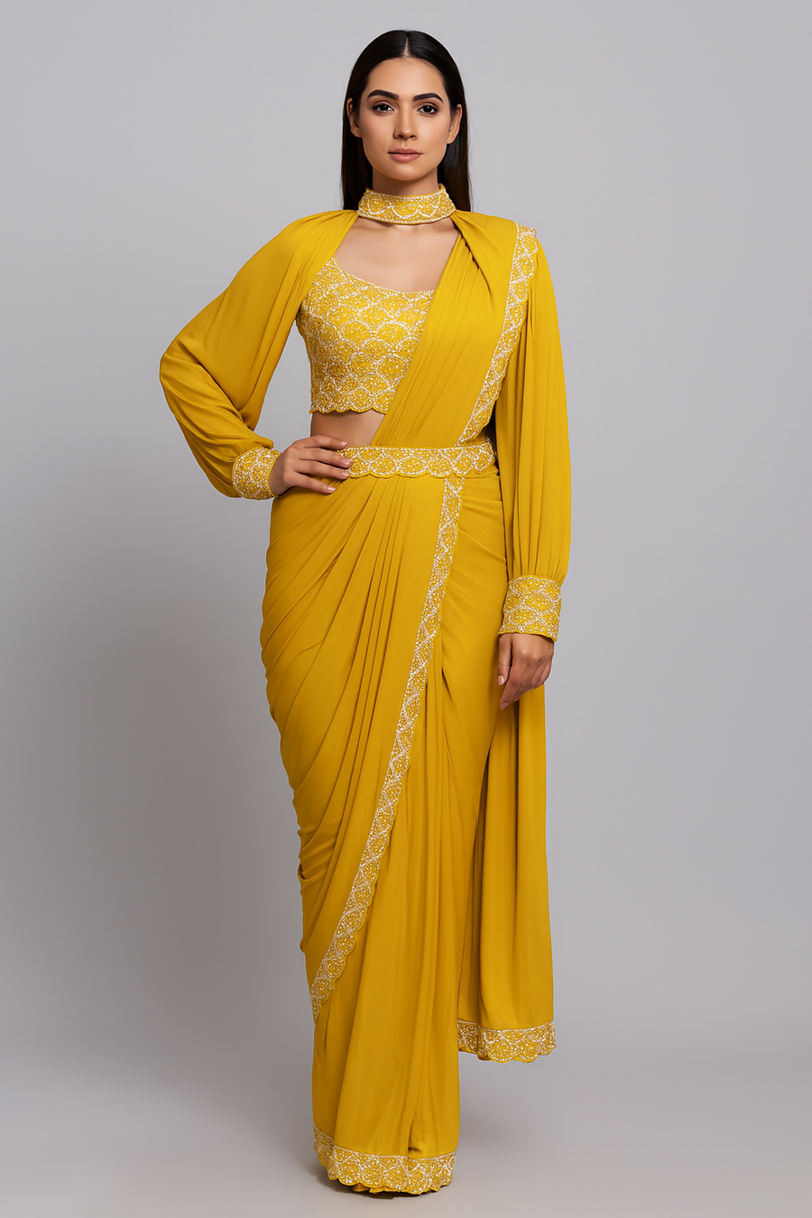 Balloon Sleeves yellow Drape Saree
