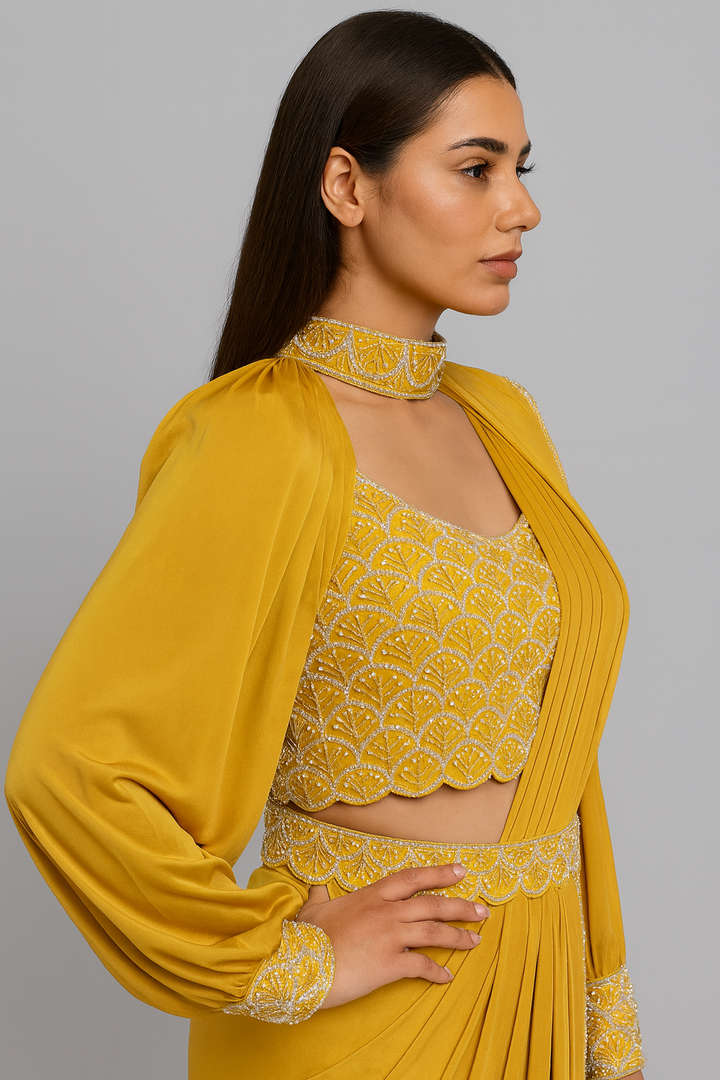 Balloon Sleeves yellow Drape Saree side profile