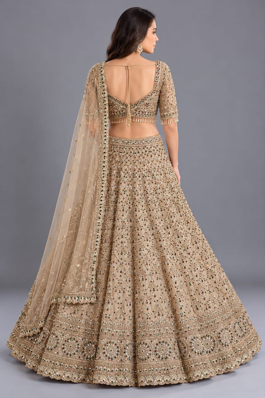 Beige Designer Lehenga Choli with Mirror & Stone Work for Women