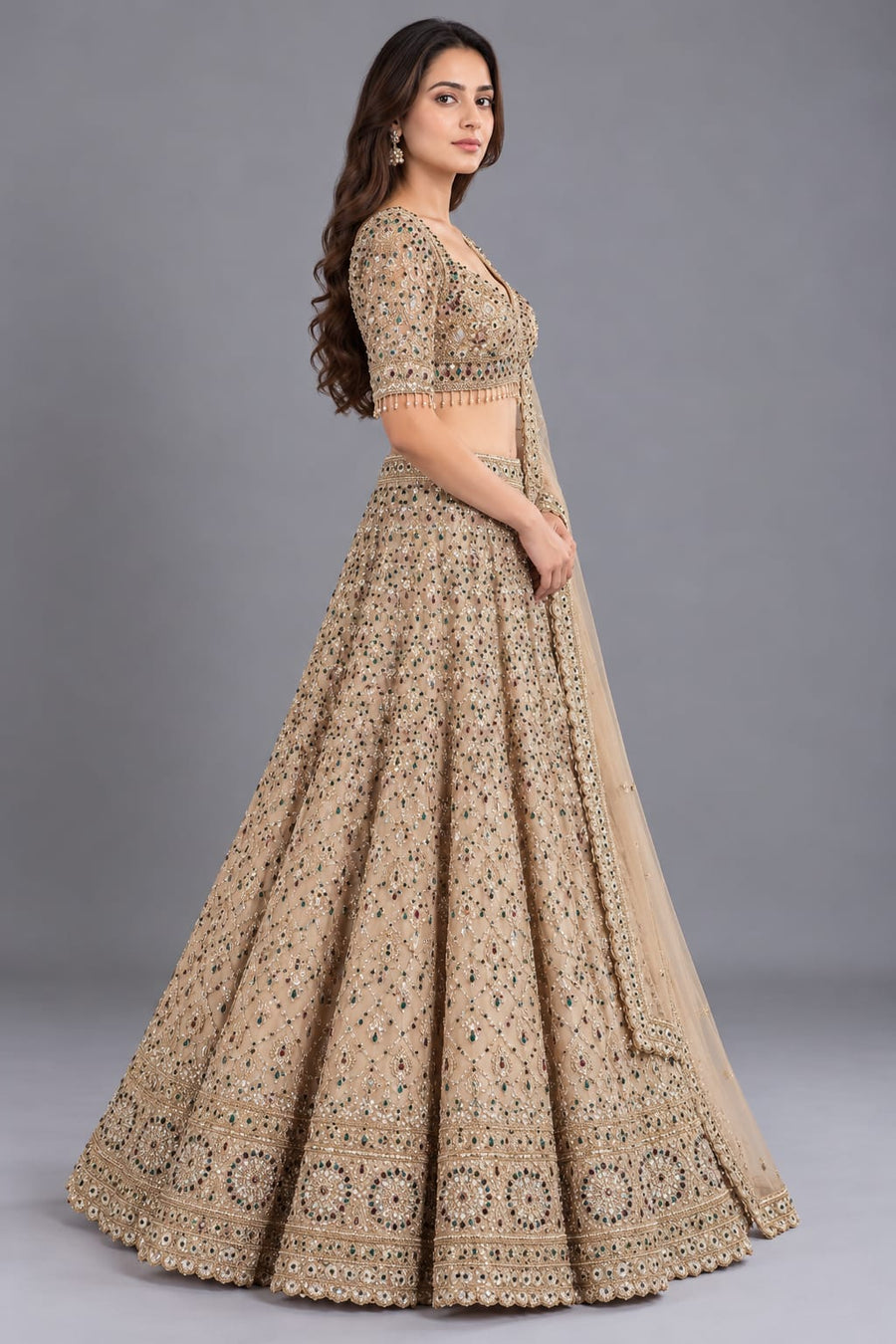 Beige Designer Lehenga Choli with Mirror & Stone Work for Women