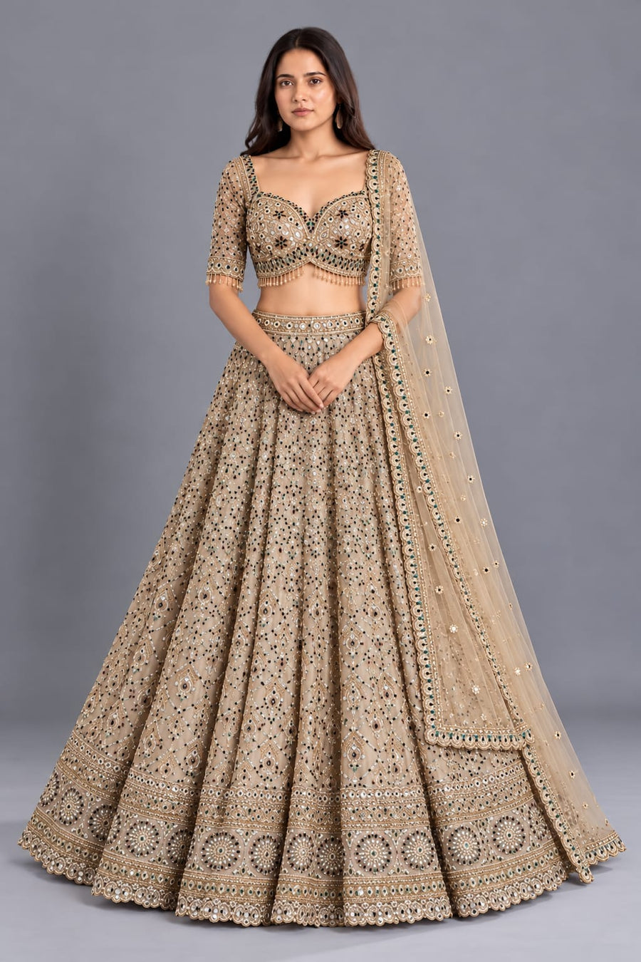 Beige Designer Lehenga Choli with Mirror & Stone Work for Women