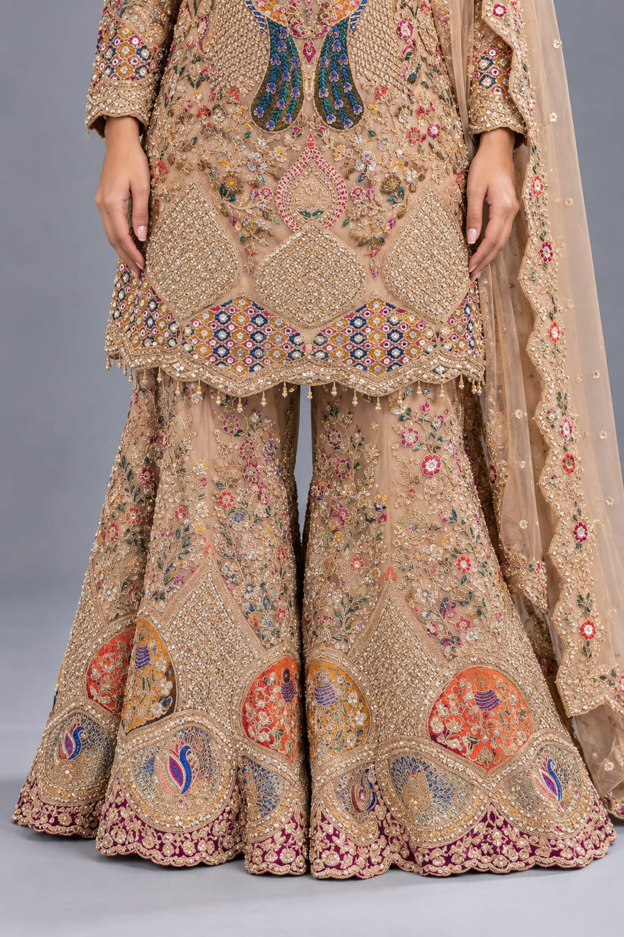 Beige Designer Sharara Set with Peacock Embroidery & Dupatta