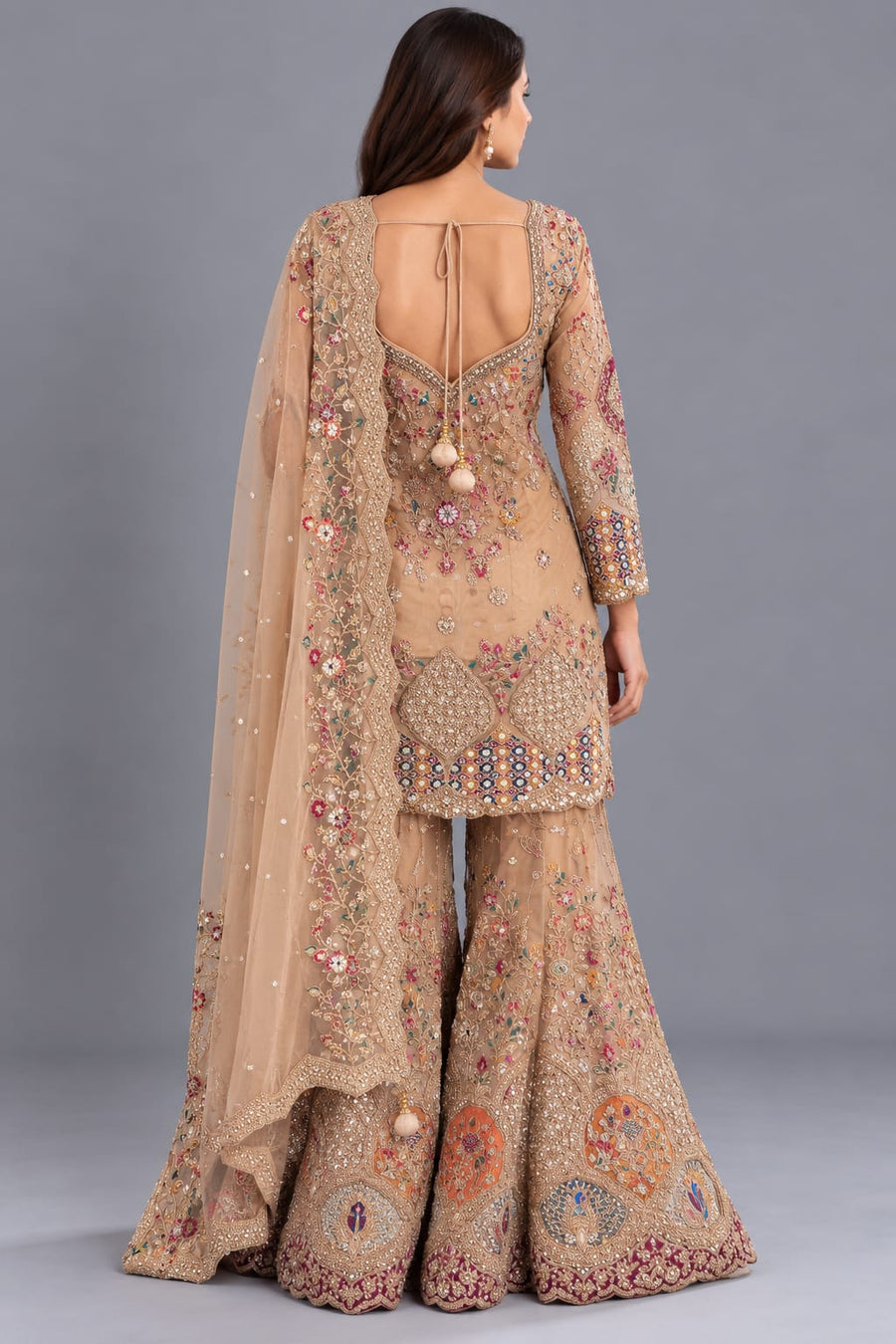 Beige Designer Sharara Set with Peacock Embroidery & Dupatta