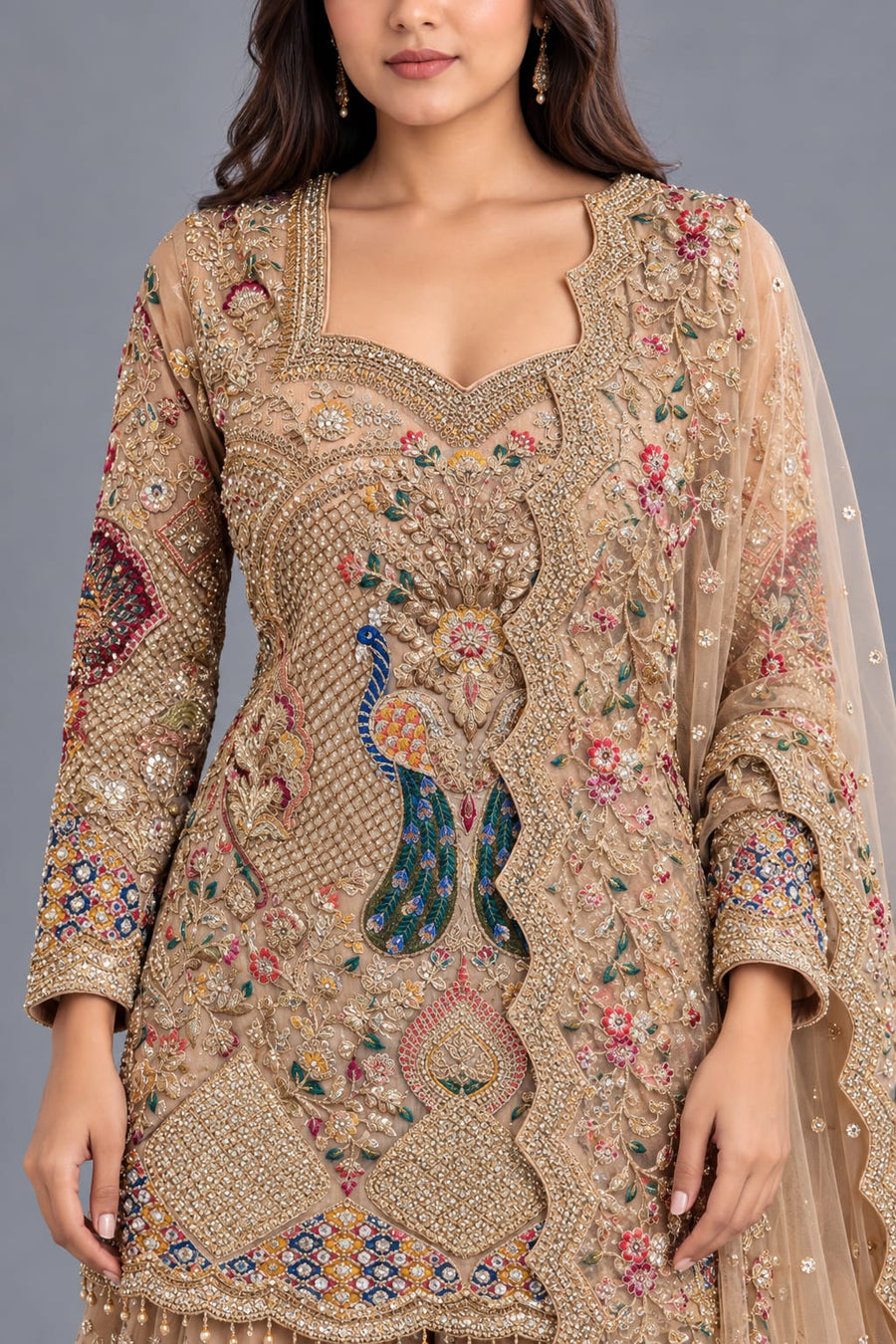 Beige Designer Sharara Set with Peacock Embroidery & Dupatta