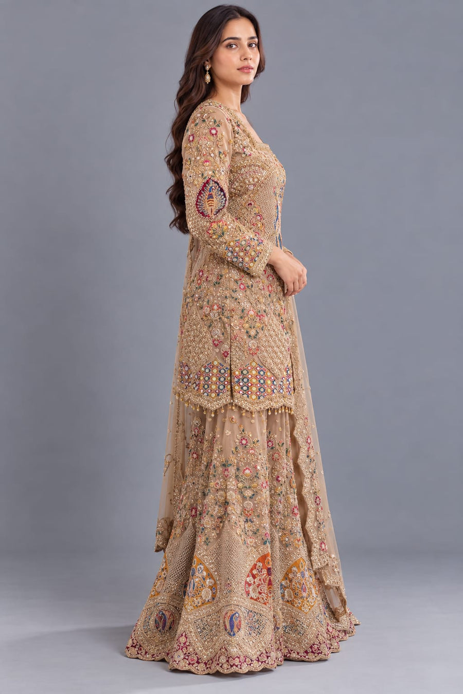Beige Designer Sharara Set with Peacock Embroidery & Dupatta