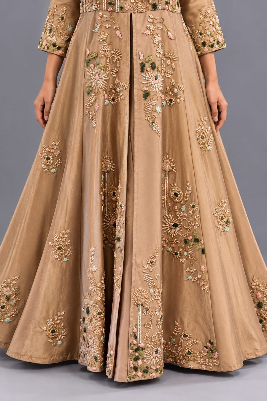 Beige Embroidered Indo Western Gown with Choker Dupatta for Women