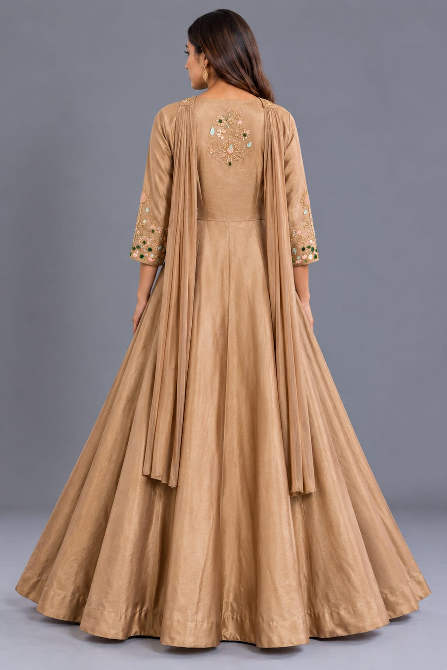 Beige Embroidered Indo Western Gown with Choker Dupatta for Women