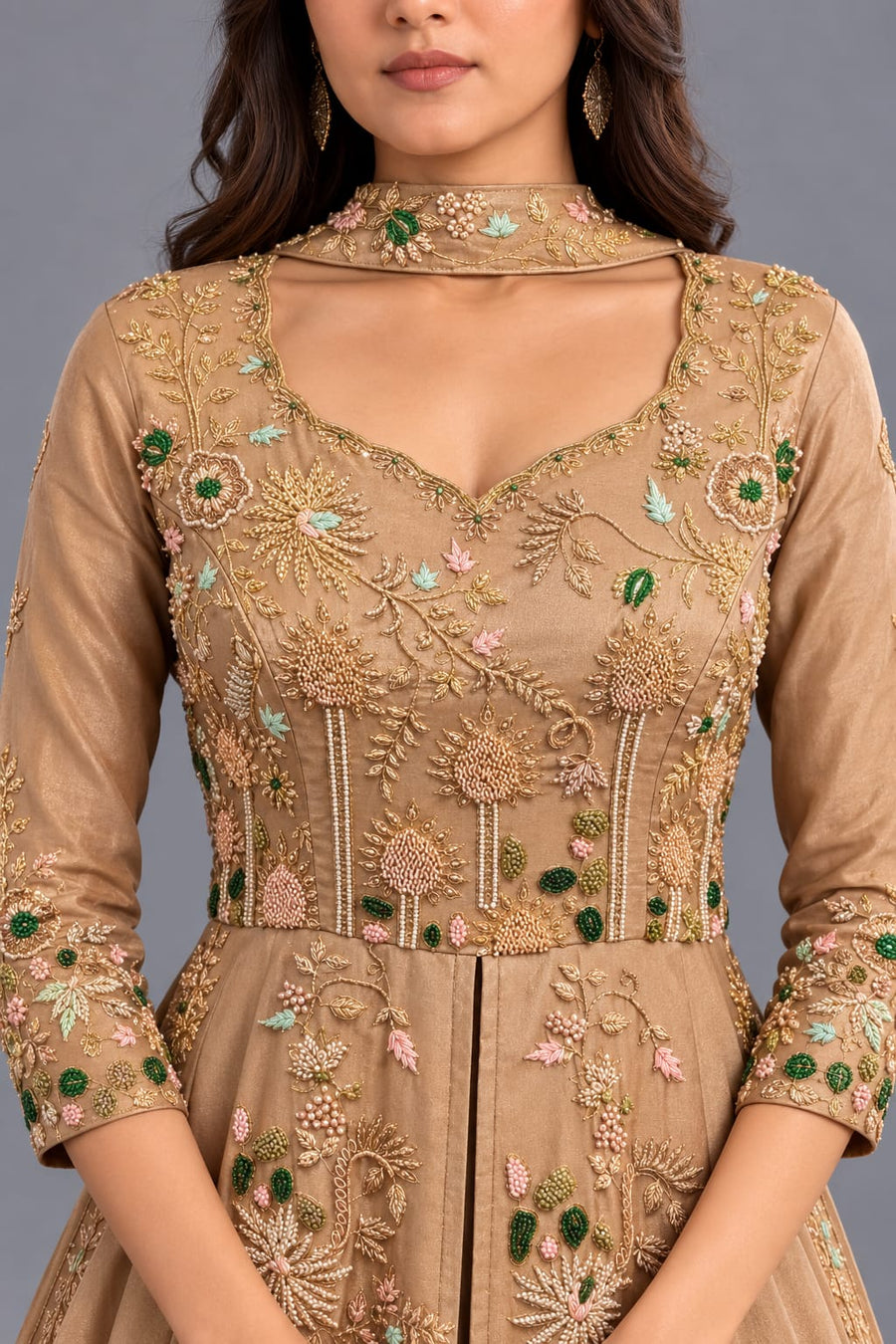 Beige Embroidered Indo Western Gown with Choker Dupatta for Women