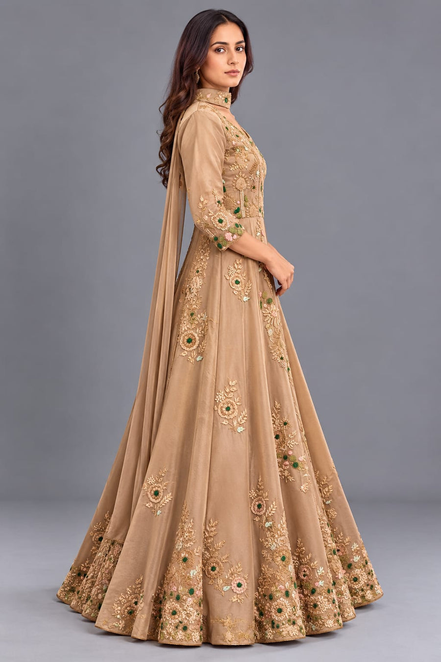 Beige Embroidered Indo Western Gown with Choker Dupatta for Women