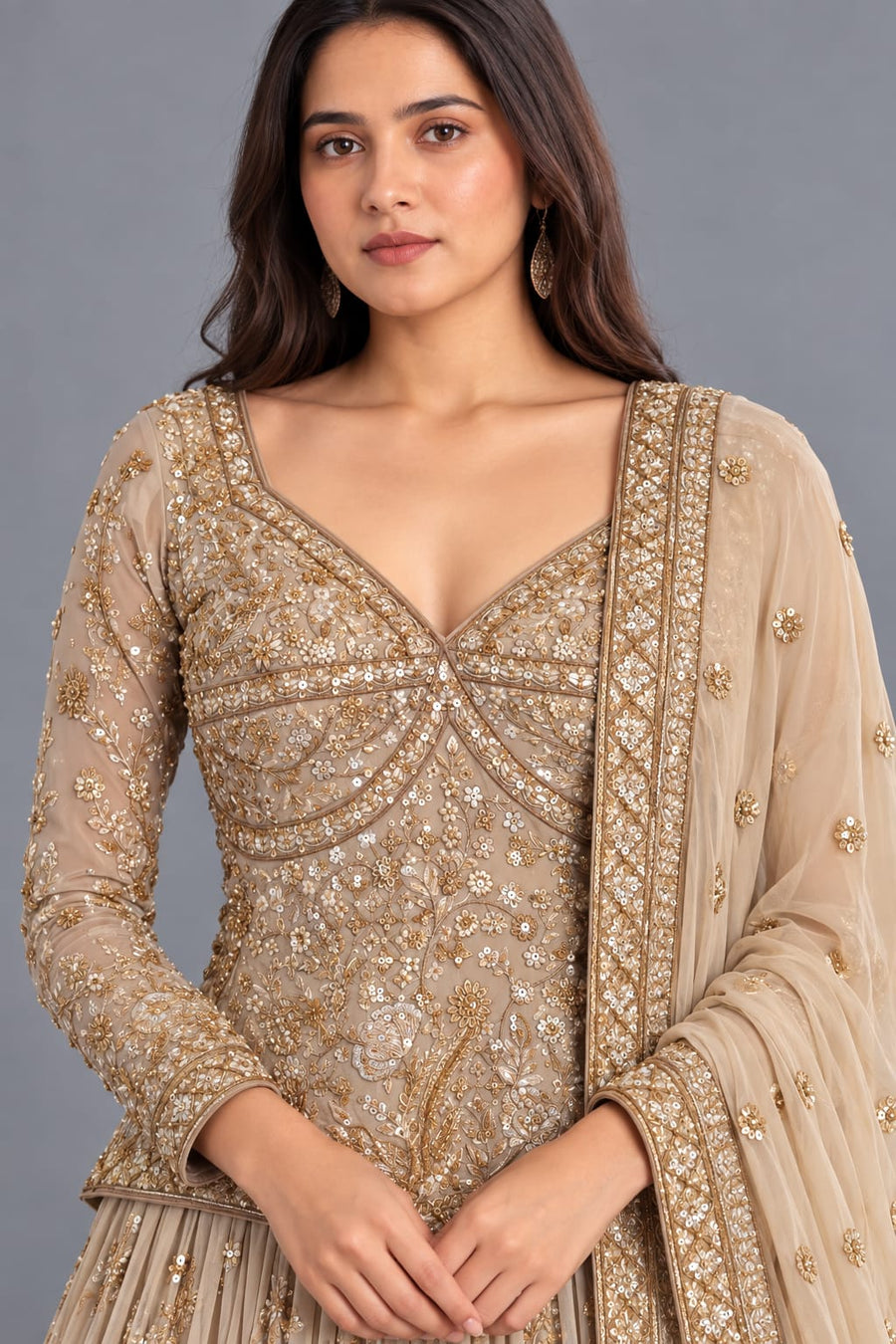 Beige Embroidered Lehenga Set with Dupatta for Wedding & Festive Wear