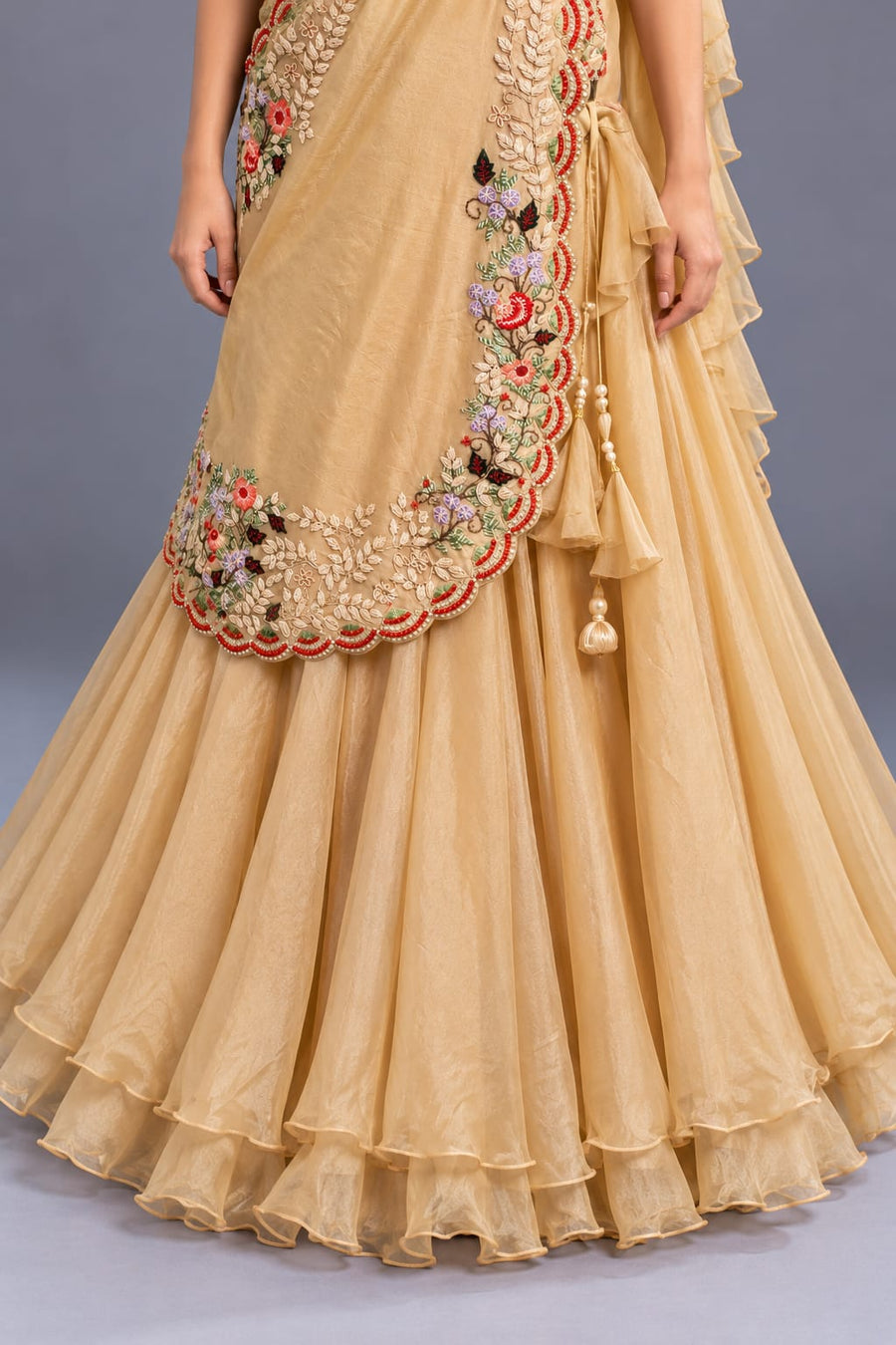 Beige Floral Embroidered Drape Lehenga with Layered Ruffle Skirt