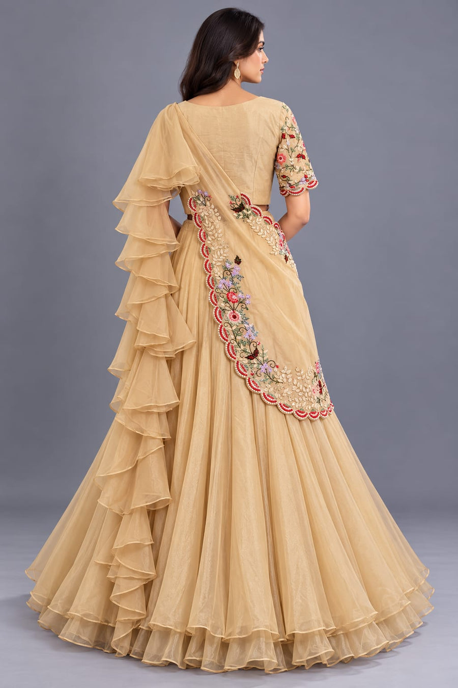Beige Floral Embroidered Drape Lehenga with Layered Ruffle Skirt