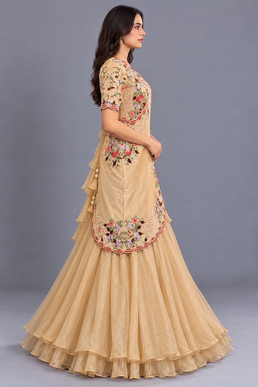 Beige Floral Embroidered Drape Lehenga with Layered Ruffle Skirt