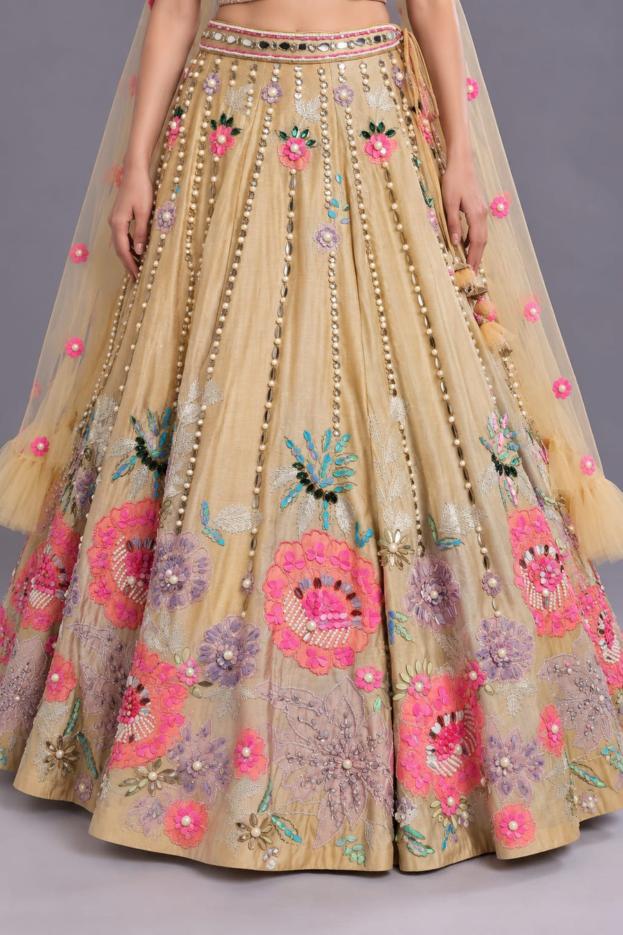 Beige Floral Embroidered Lehenga with Cape Dupatta