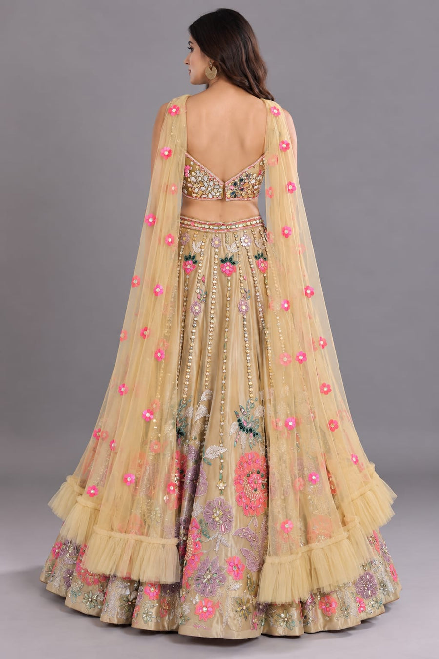 Beige Floral Embroidered Lehenga with Cape Dupatta