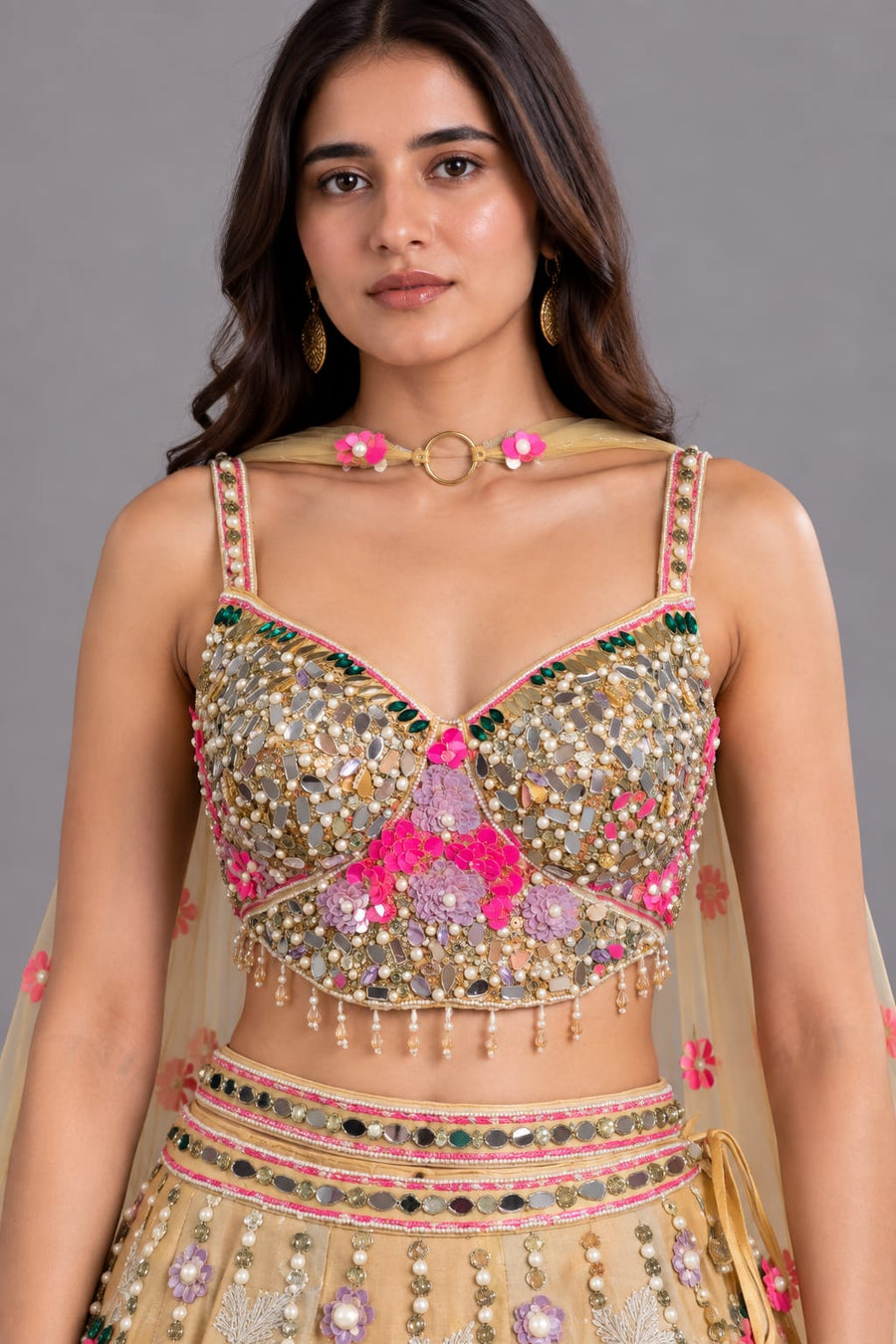 Beige Floral Embroidered Lehenga with Cape Dupatta
