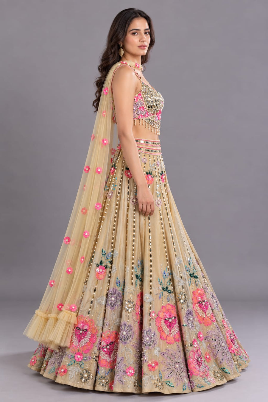 Beige Floral Embroidered Lehenga with Cape Dupatta